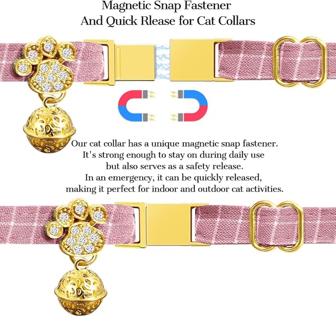 Personalized Breakaway Cat Collars - Magnetic Buckle, Bell - Safety Quick Release, Customized for Girls & Boys Cats- (Checkered-Pink)