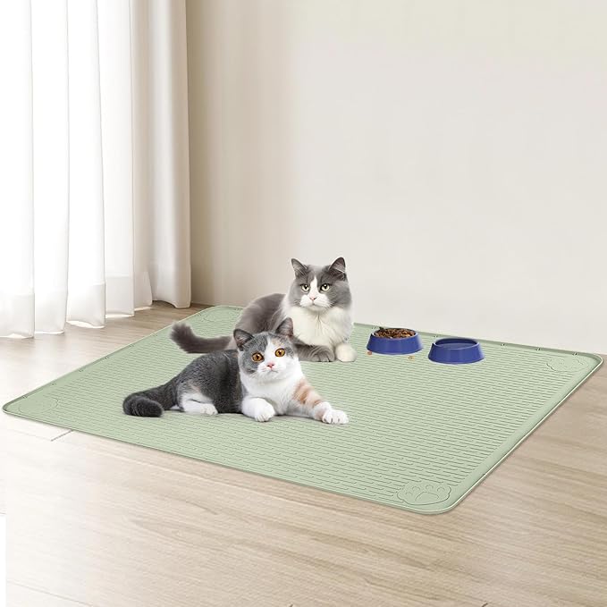 Cat Food Mat, 34" x 22" Large Silicone Pet Feeding Mat for Food and Water Bowls Non-Slip, Easy to Clean (Light Green)