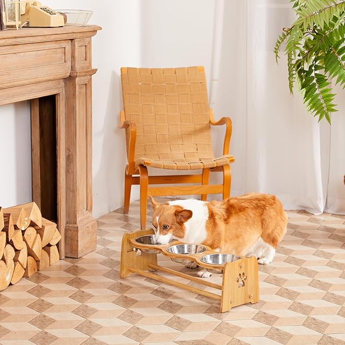 X-ZONE PET Elevated Dog Bowls for Cats and Dogs, Adjustable Bamboo Raised Bowls for Medium Dog, Food and Water Bowls Set Stand Feeder with 2 Stainless Steel Bowls Anti Slip Feet (Height 4.7" to 7")