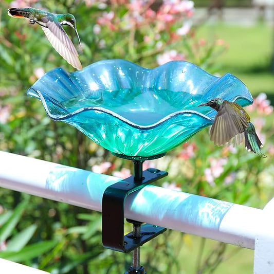 MUMTOP Deck Mounted Bird Baths for Outdoors, Glass Bird Baths Bowl with Adjustable Sturdy Steel Fence Clamp for Garden Patio Lawn Yard Deck Balcony Railing, Blue