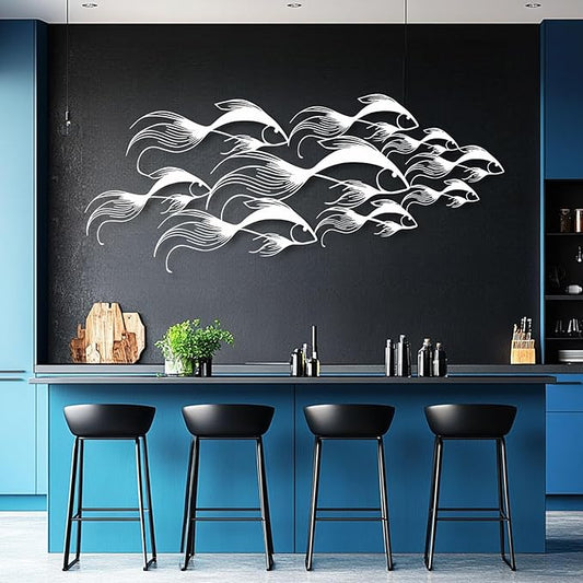 School of Fish Metal Wall Art, Metal Fish Wall Decor, Sea Life Wall Art, Large Nautical Wall Hanging, Modern Beach House Wall Decor, Ocean Themed Artwork for Bathroom (White, 53"x22" | 135x57cm)
