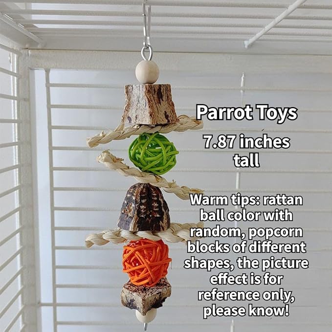 Parrots Chewing Toy Wood Block Nut Rattan Ball Corn Husk with Hanging Hook Entertainment Toy Wood Bird Toy for Parrots Chewing Block Cage Toy Accessories for Cockatiel Parakeets Random Color (2 Pcs)
