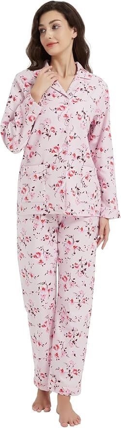 GLOBAL Flannel Pajamas for Women 2-Piece Comfy and Cozy Flannel Pj Set Cotton Loungwear
