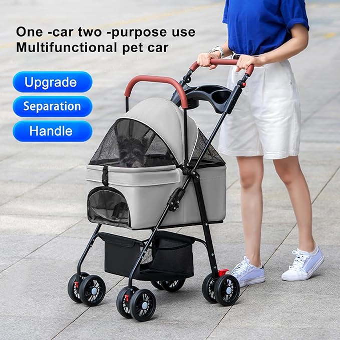 Pet Stroller Pram Dog Carrier Trailer 4 Wheels Foldable Dog with Storage Basket,Holds up to 44 lbs,Adjustable Handle,Folding Travel Stroller Suitable for Traveling with Cats and Dogs (Grey)