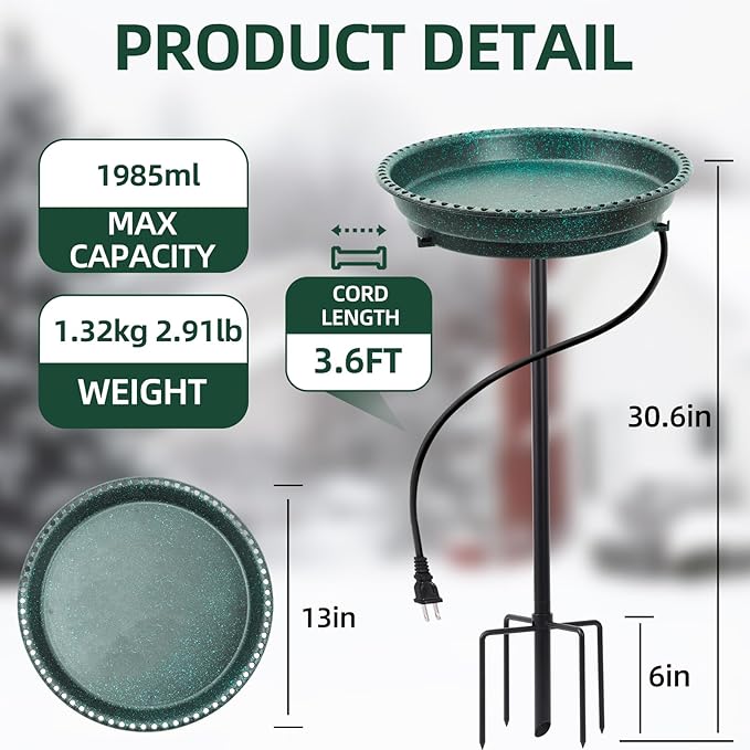 Heated Bird Bath for Outdoors for Winter, 75W Bird Bath Water Heater Bird Bath Deicer,Deep Bowl Thermostatic Control Weather Resistance Available with Stable Metal Pole for All Seasons(Green)