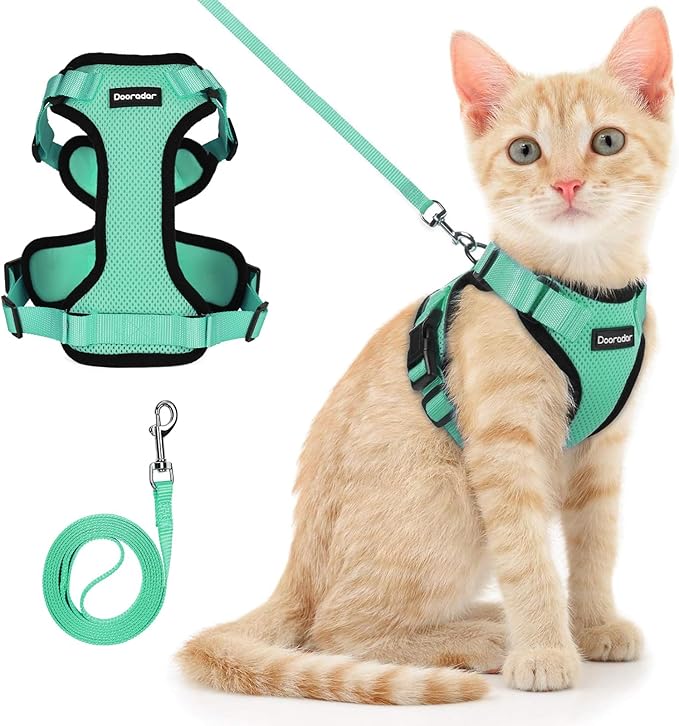 Dooradar Cat Harness and Leash Set, Escape Proof Safe Adjustable Kitten Vest Harnesses for Walking, Easy Control Soft Breathable Mesh Jacket with Reflective Strips for Cats, Green, XXS