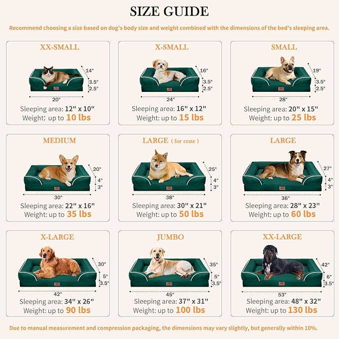 Comfort Expression Small Dog Beds Waterproof Orthopedic Foam Dog Sofa Beds for Small Dogs Comfy Pet Bed with Washable Removable Cover & Non-Slip Bottom(X-Small,Emerald)