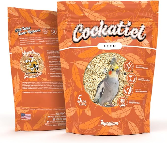 Mycelium Cockatiel Bird Food (5 LB Bag) | Organic Bird Seed for Cockatiels & Small Birds | Supports Feather Shine & Daily Energy | Premium Dust-Free Blend | Non-GMO & USA Made