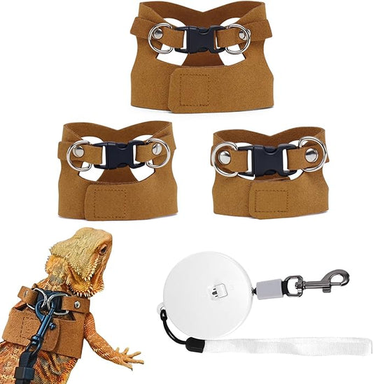 3 Pack Bearded Dragon Leash and Harness Set, Retractable 9.8FT Leash with 3 Sizes Adjustable Soft Harness for Reptile Small Animals Walking, Cute Lizard Vest Clothes for Reptile Lovers -Brown