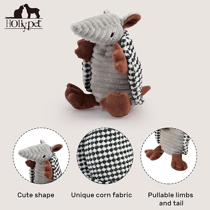 Hollypet Plush Dog Squeaky Toy Stuffed Armadillo Animal Pet Puppy Chew Toys with Clean Teeth for Small Medium Large All Breed Sizes Dogs, Black and White,8 in