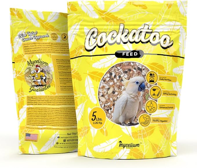 Mycelium Organic Cockatoo Bird Seed (5 LB Bag) | High-Protein Bird Food with Seeds, Pellets & Kibble | Supports Feather Health, Energy & Digestion | Non-GMO, USA-Grown