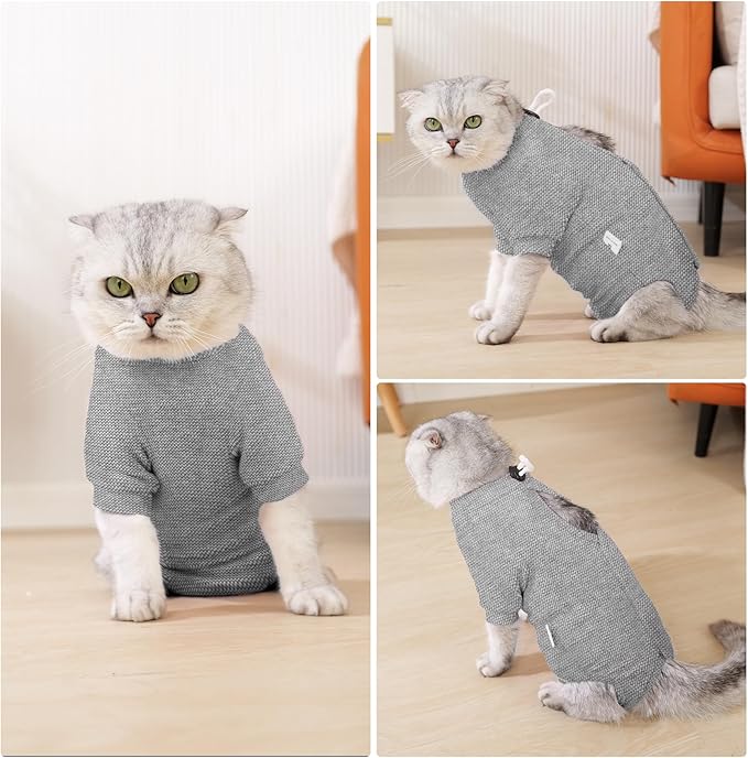 Dotoner Cat Surgery Recovery Suit for Female Male Anti-Licking Pet Surgical Pajamas Long Sleeve Prevent Shedding Cat Spay Recovery Suit&E Collar Alternative Bodysuit for Cats