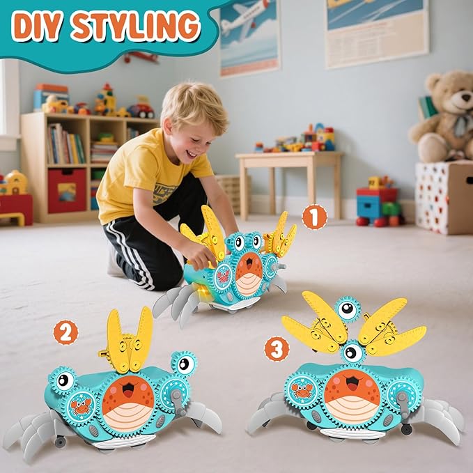 Alritz Crawling Crab Baby Toy, Developmental Tummy Time Toys for Crawling, Walking Crab Toy DIY Gear-building, with Sensory Light-Up, Dancing Crab Toys for Infant Boys Girls 3-6 6-12 36 Months Age 3 +