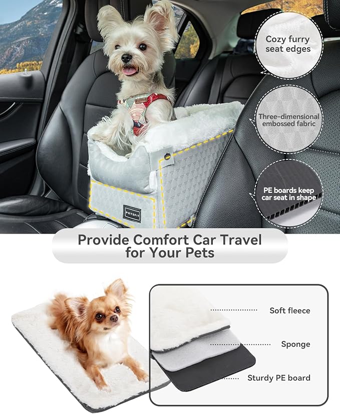 PETSFIT Dog Car Seats for Small Dogs with Safe Protection Hooks, Small Dog Car Seat with Upgraded Safety Tethers, Washable Cushion, Center Console Dog Car Seat for Pets Under 8 Lbs (Light Grey)
