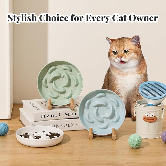 Melamine Slow Feeder Cat Bowls - Set of 3 Cat Food Dishes - Fun Maze Design for Slow Feeding - Dishwasher Safe - White × 3