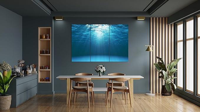 Nature Wall Art Prints - Ocean Forest Mountain Lake Canvas Landscapes - Small to Extra Large Living Room Bedroom Kitchen Bathroom Décor (Sun Rays Under Water, 55L" x 83W"- 3 Panels)