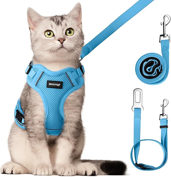 Cat Harness, Cat Car Harness and Leash for Walking, Escape Proof Soft Adjustable Vest Harnesses for Cats, Easy Control Breathable Reflective Strips Harness, Kitten Harness and Leash Set, Blue, M