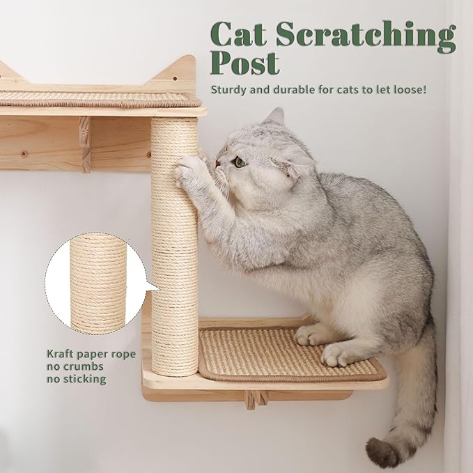 KVIDA Cat Wall Shelves Set – 5PCS Extra-Large Wall Mounted Cat Furniture with 2 Platforms, Sisal Scratching Post & Cat House – Solid Wood Climbing Wall for Large Indoor Cats