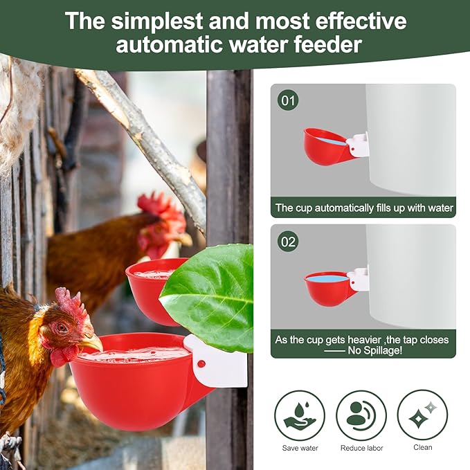 Chicken Waterer Cups (8 Pack/Red) - DIY Automatic Large Chicken Water Feeder for Ducks,Chicks, Turkeys, Quail, Bunny, Bird and Other Various Poultry Dispenser with Matching Drill