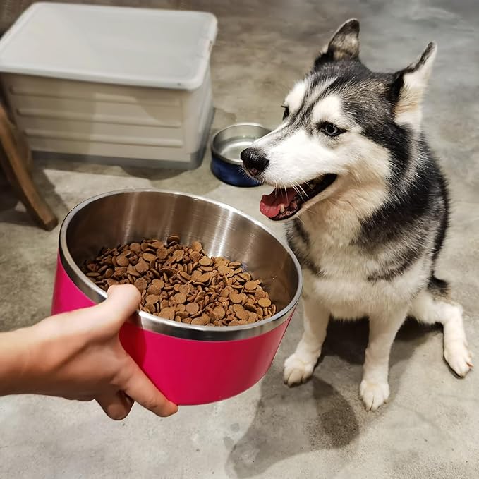 LIHONG Stainless Steel Dog Bowls for Large Dogs,Dog Food Water Bowls with Non Slip Rubber Bottom,Pet Feeding Bowl,Double Wall Insulated,Rustproof(64oz,Pitaya Pink)
