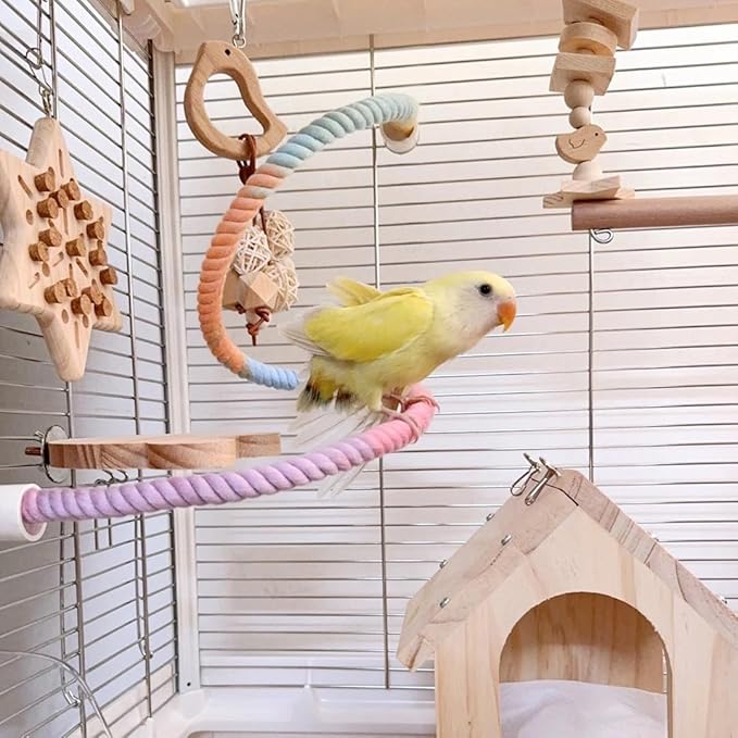 2Pcs Gradient Bird Rope Perch Stand Bird Cage Climbing Rope Toys Accessories of M5*30mm Screw for Cockatiels Lovebird Parakeet Budgies Sugar Gliders Hemp Swing(31.4'' & 14'')