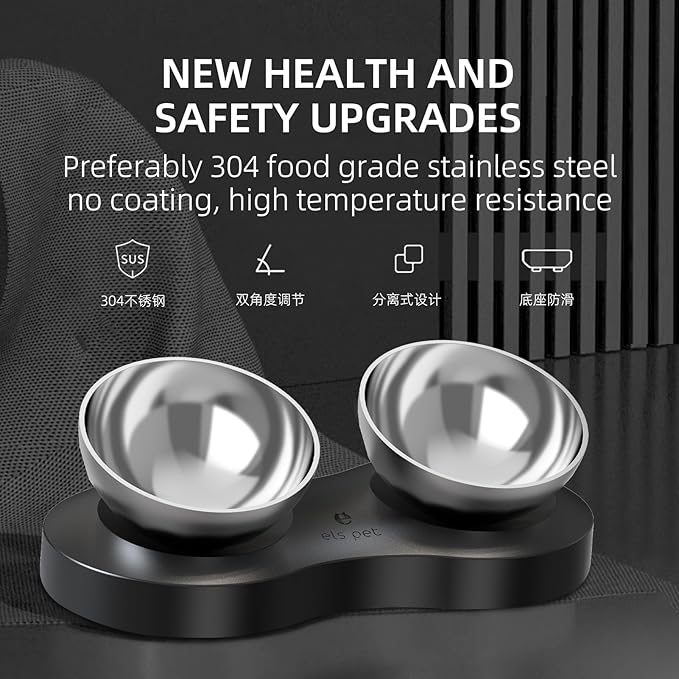 Double Dog Bowl with Stand, Elevated Dog Bowls for Small Medium Dogs & Cats, 2-in-1 Adjustable 0°&15° Tilted Stainless Steel Food Water Bowl Set, Non-Slip No-Spill Feeder for Improved Digestion