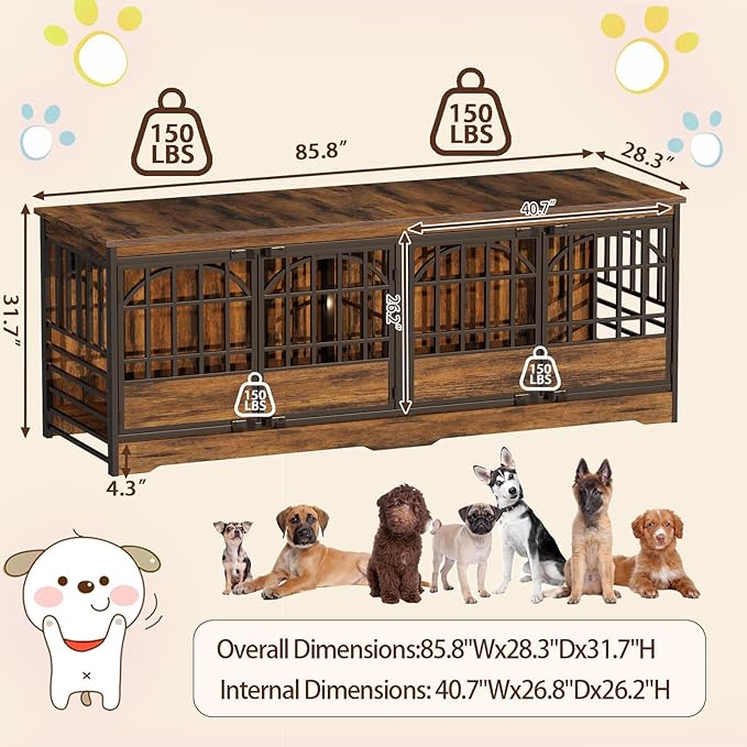 COZPAW 86 Inch Double Dog Crate Furniture for 2 Large Dogs, Decorative Dog Kennel Indoor TV Stand, Heavy Duty Wooden Dog Cage for Large Medium Dogs Sized Dog Pet House with Divider (Brown)