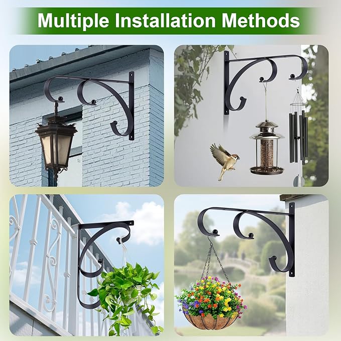 Plant Hangers Outdoor Indoor, 10 Inch Heavy Duty Wall Hooks 2/4 Pack, Decorative Iron Plant Hooks for Hanging Plants, Bird Feeders, Wind Chimes, Flower Baskets (2Pack)