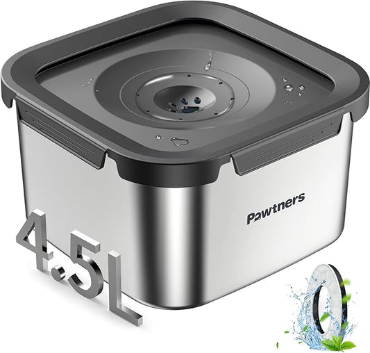 Pawtners Dog Water Bowl No Spill, 152oz/4.5L Stainless Steel Dog Floating Bowl, Slow Water Bowl for Dog with Filter, Non-Slip Base, No Splash Water Bowl for Medium Large Messy Drinkers Grey