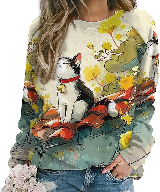 Womens Long Sleeve Tops Y2k Japanese Art Print Sweatshirts Fall Pullover for Women Crewneck Vintage Shirts Boho Tops