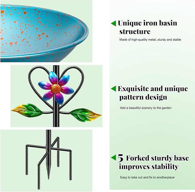 Vintage Metal Bird Bath for Outside, Standing Bird Feerder with Sunflower Love Decoration, Detachable Birdbaths Bowl for Outdoor Yard Lawn Garden Decor (A-Bule)