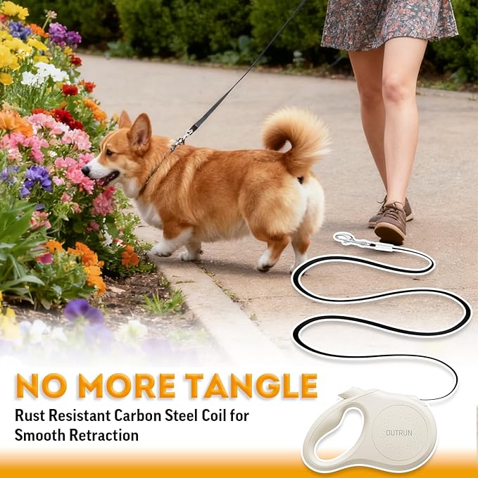OUTRUN Retractable Dog Leash 16 FT Walking Leash up to 55 lb, Strong Nylon Tape No Tangle, Heavy Duty One-Handed Brake Lock Perfect for Small & Medium Sized Dogs and Pets