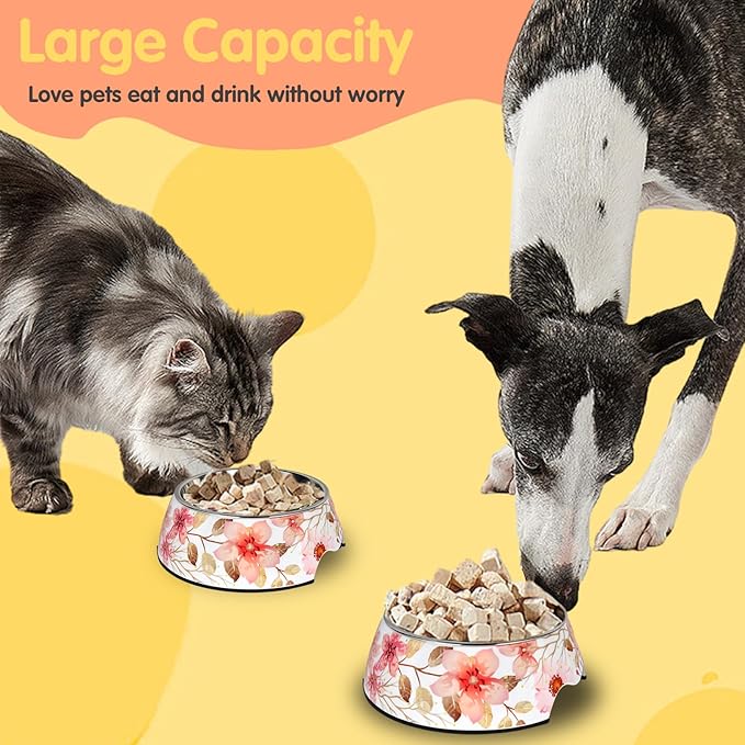 2 in 1 Food Water Bowls - Non Slip Skid Proof Heavy Duty Pet Bowls for Feeding Drinking Small Medium Large Dogs Cats Puppies (Pink Flower, L:28 OZ)