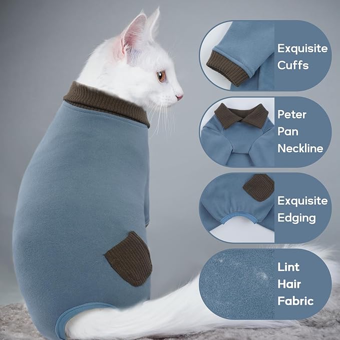 QBLEEV Cat Pajamas for Cats Only, Sticky Hair Cat Clothes, Cat Onesie for Cats After Surgery Female Male, Surgical Cat Recovery Suit Full Bodysuit, Long Sleeve Cat Shirts Outfits to Prevent Licking