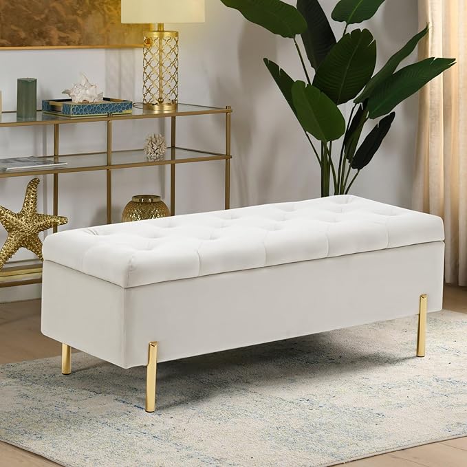Velvet Storage Bench Ottoman,Versatile Seating with Hidden Storage,End of Bed Bench,Tufted Bench for Bedroom,Living Room,Entryway,Ivory