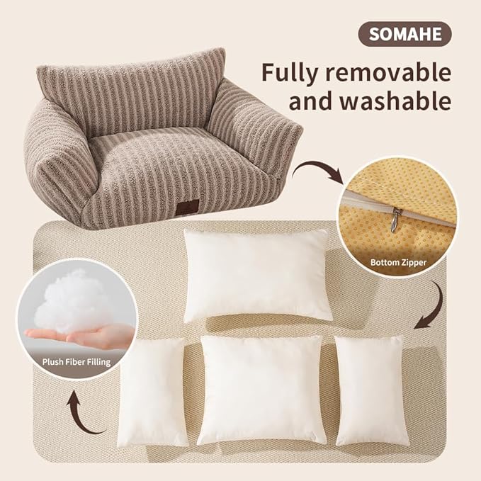 Cozy Couch for Cats Fluffy Pet Sofa with Premium Soft Fleece Fuzzy Cat Beds for Indoor Cat with Removable Washable Cover Supportive Pet Bed 24×18inch Coffee