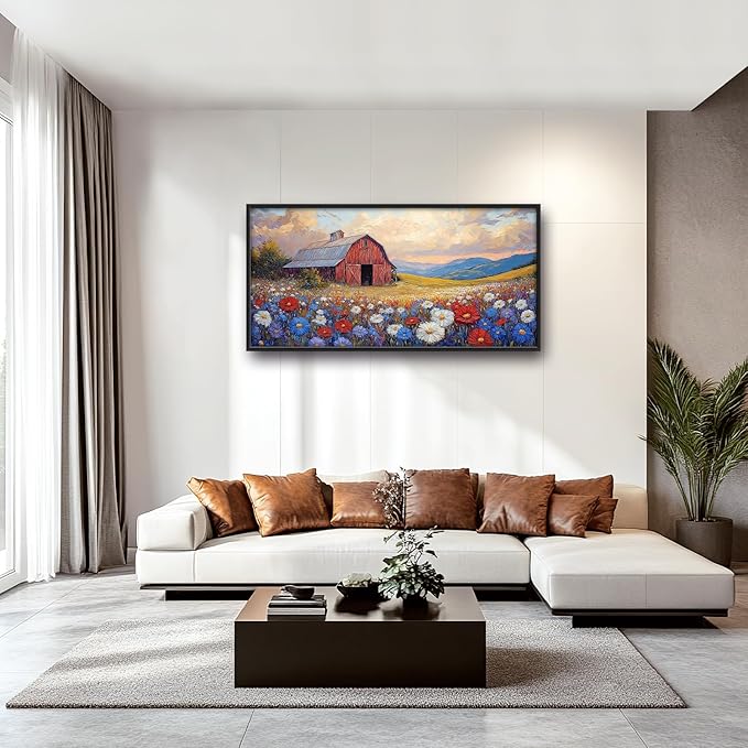 Large Farmhouse Barn Daisy Wall Art for Living Room, Floral Landscape Canvas Oversized Wall Decor, Flower Scenery Framed Pictures Painting Print Artwork for Bedroom Office 60"L x 30"W