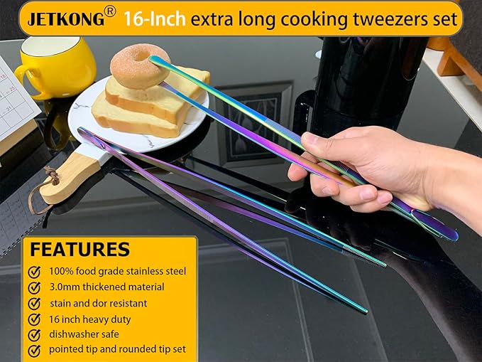 JETKONG 2 Pcs 16-Inch Stainless Steel Fine Tongs Extra Long Chopstick Tongs Long Kitchen Forceps for Cooking (Rainbow)