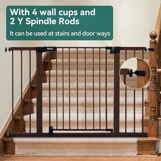 BABELIO Baby Gate with Black Wood Pattern, 29-48 Inch Auto Close Dog Gate for The House, Stairs and Doorways, Pressure Mounted Pet Gate with Door and Y Spindle Rods
