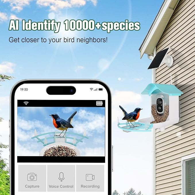 Bird Feeder with Camera,AI Identify Birds Species,Solar Powered,Auto Record Videos in Backyard,Instant Notifications,Ideal Gift for Family and Bird Lovers