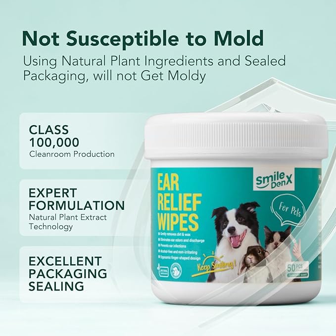 Dog Ear Cleaner Wipes - Dog Ear Infection Treatment Fast Relief from Ear Itching and Inflammation, Cat Ear Wipes Gently Remove Ear Wax Debris and Smelly (50 Pcs, Lavender)