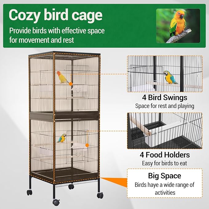 GarveeHome Small Bird Cage with Wheels, 55 Inch Parakeet Cage with Top Stand, 2 in 1 Bird Carrier for Parakeets, Canaries, Lovebirds, Small Quaker, Cockatiels, Budgie, Green Cheek (55in)