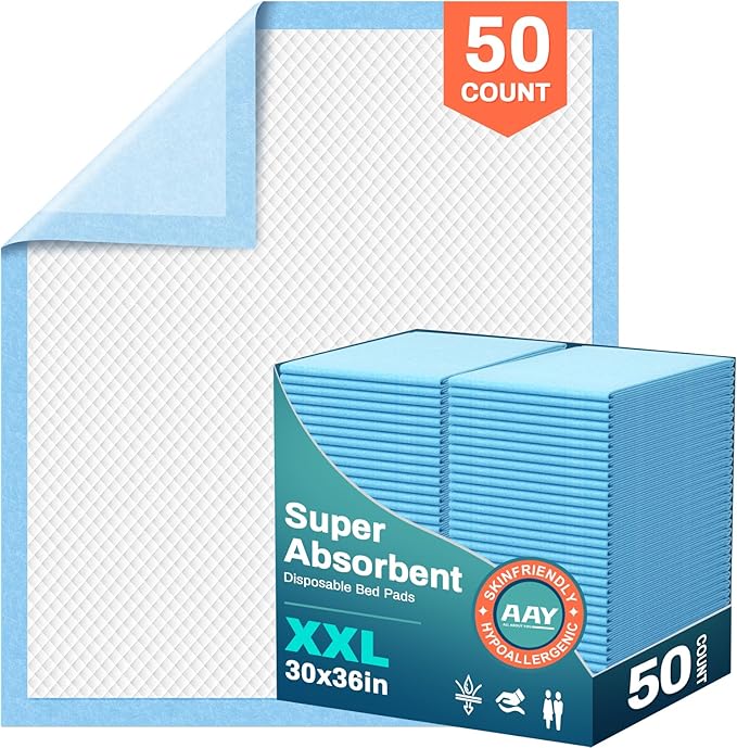 AAY Bed Pads Disposable 30" x 36" (50 Count), Extra Large Super Absorbency Disposable Underpads for Incontinence, Premium Leakproof Protective Chucks Pee Pads for Adult, Kids, Puppy Training
