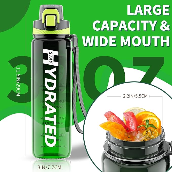 Water Bottle, 32 oz Motivational Water Bottles with Time Marker-Tritan & BPA Free, Sports Water Bottle with Time to Drink & Strap, Wide Mouth, Leakproof -Gift for Christmas Gym Fitness & Outdoor