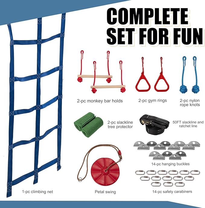 Slsy Ninja Warrior Obstacle Course for Kids, 50FT Durable Ninja Slackline Kit with 8 Complete Accessories, Playset Equipment with Swing, Climbing Net, Ladder & Monkey Bars (8 Obstacles)