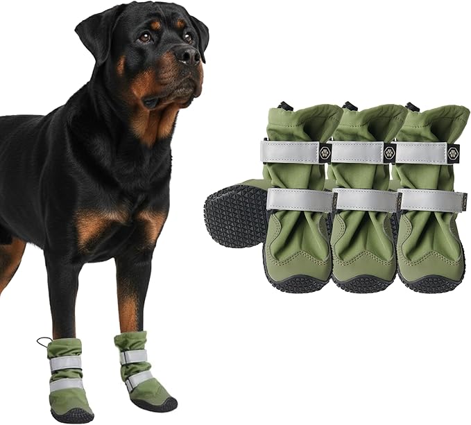 Spark Paws Dog Shoes, Waterproof Dog Boots for Medium to Large Dogs, Non Slip, Breathable Dog Booties and Paw Protectors - 4PCS Doggie Hiking Boots with Reflective Straps - Green - Size 7