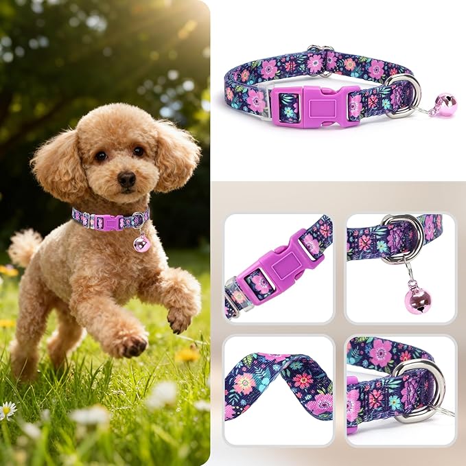 Floral Small Dog Collar with Bell - Ultra-Soft Kitten-Safe Collar for Tiny Dogs, Adjustable Flower Pattern Nylon Collar for Chihuahua Pomeranian Kittens S