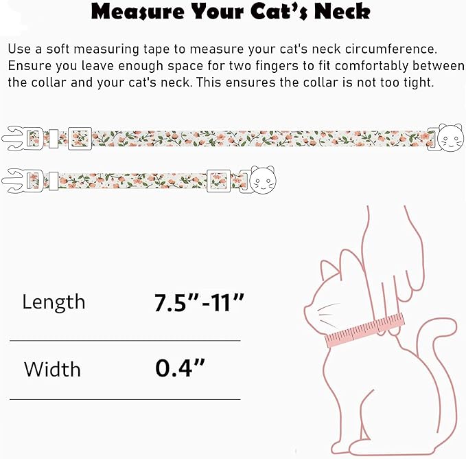 2 Pack Cotton Breakaway Cat Collars Set with Bell and Flower Pendant, Cute Floral Fruit Patterned, Adjustable 7.5-11Inch, Include A Mouse Toy Gift