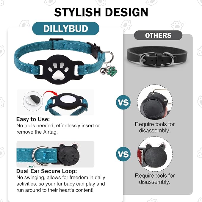 AirTag Cat Collar with Bells, Soft Velvet Cat Collar Breakaway with Airtag Holder, Safety Cat GPS Tracker Collars for Girl Boy Cats, Kittens and Puppies, Adjustable 8"-12"