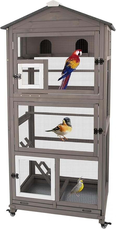Flight Bird Cage Outdoor Large Wooden Bird Aviary Parrot Cage for Parakeet, Finches and Any Small Birds - Pull Out Wire Netting, Slide-Out Tray, 2 Perches, Nest House, 4 Wheels Include, Grey